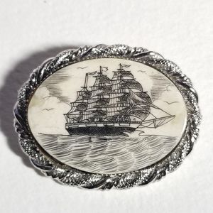 Vintage ship brooch scrimshaw style silver tone boat nautical pin